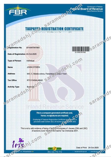 Pakistan taxpayer registration certificate Word and PDF template